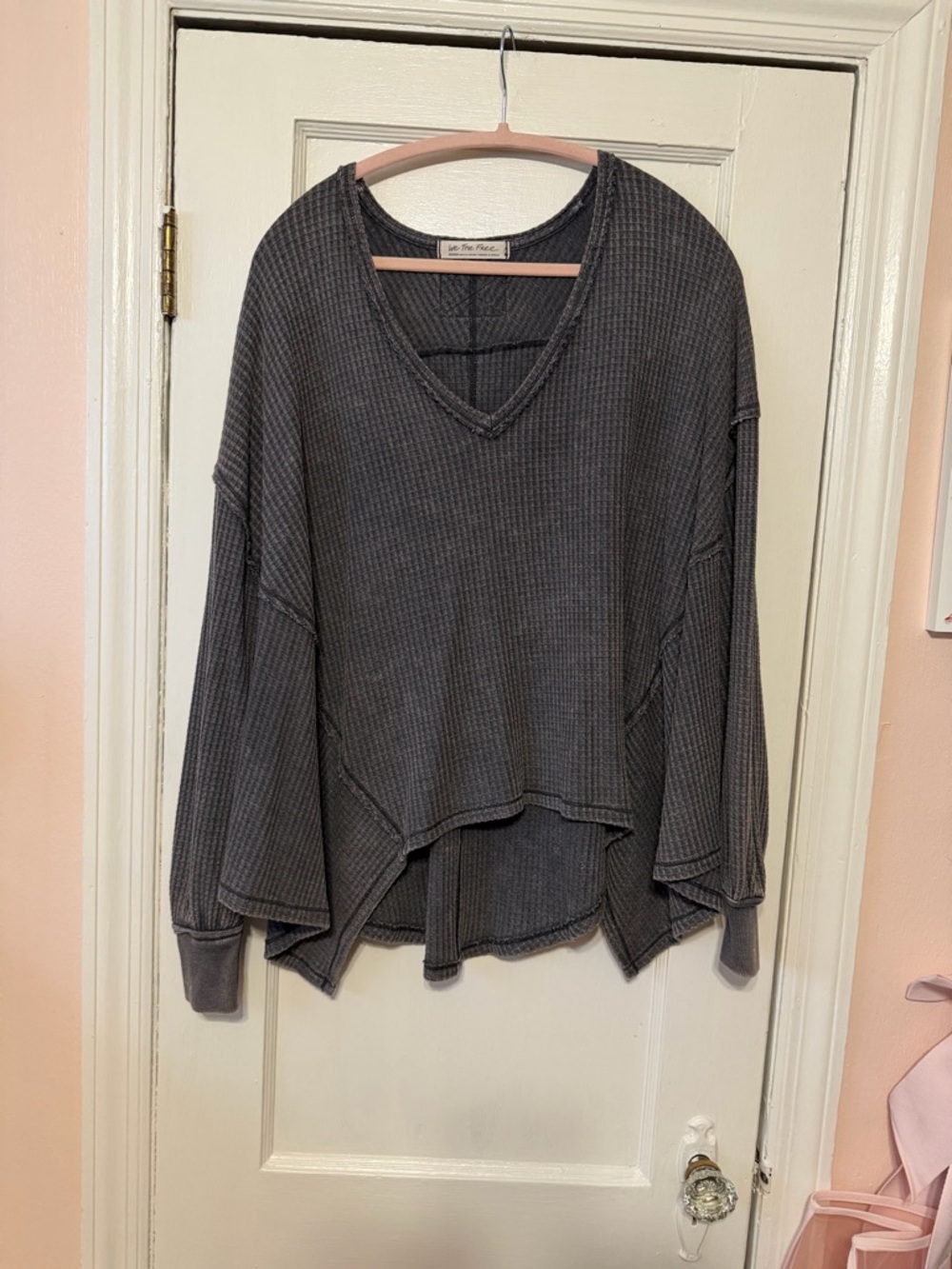 We The Free Charcoal Gray Waffle Knit V-Neck Long Sleeve Top